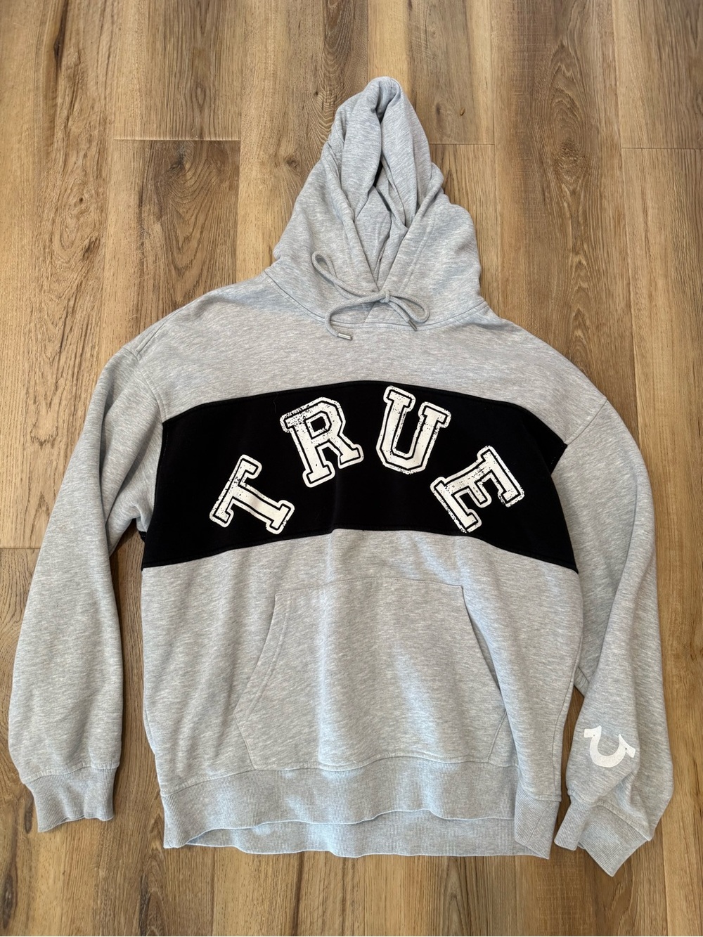 True Religion Gray and Black Hooded Pullover with TRUE Lettering